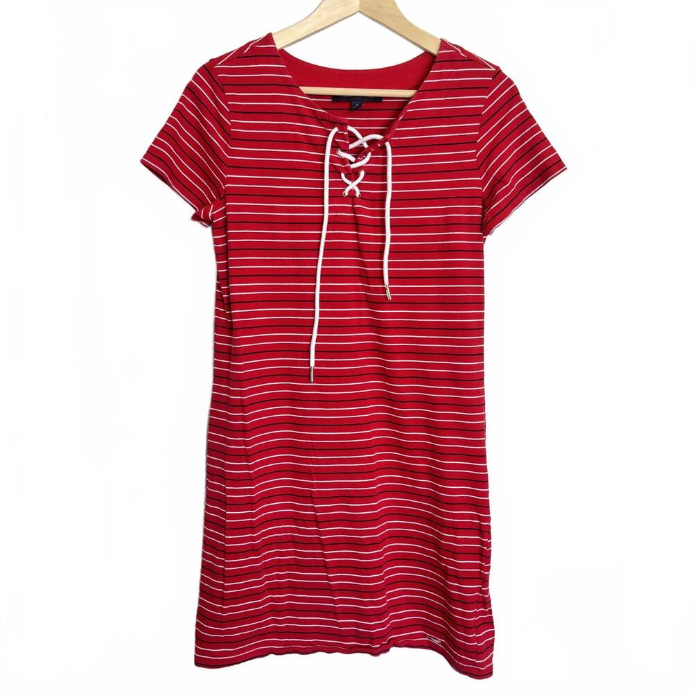 Y2K Tommy Hilfiger Red Striped Lace-Up‎ Short Sleeve Shirt Dress Medium